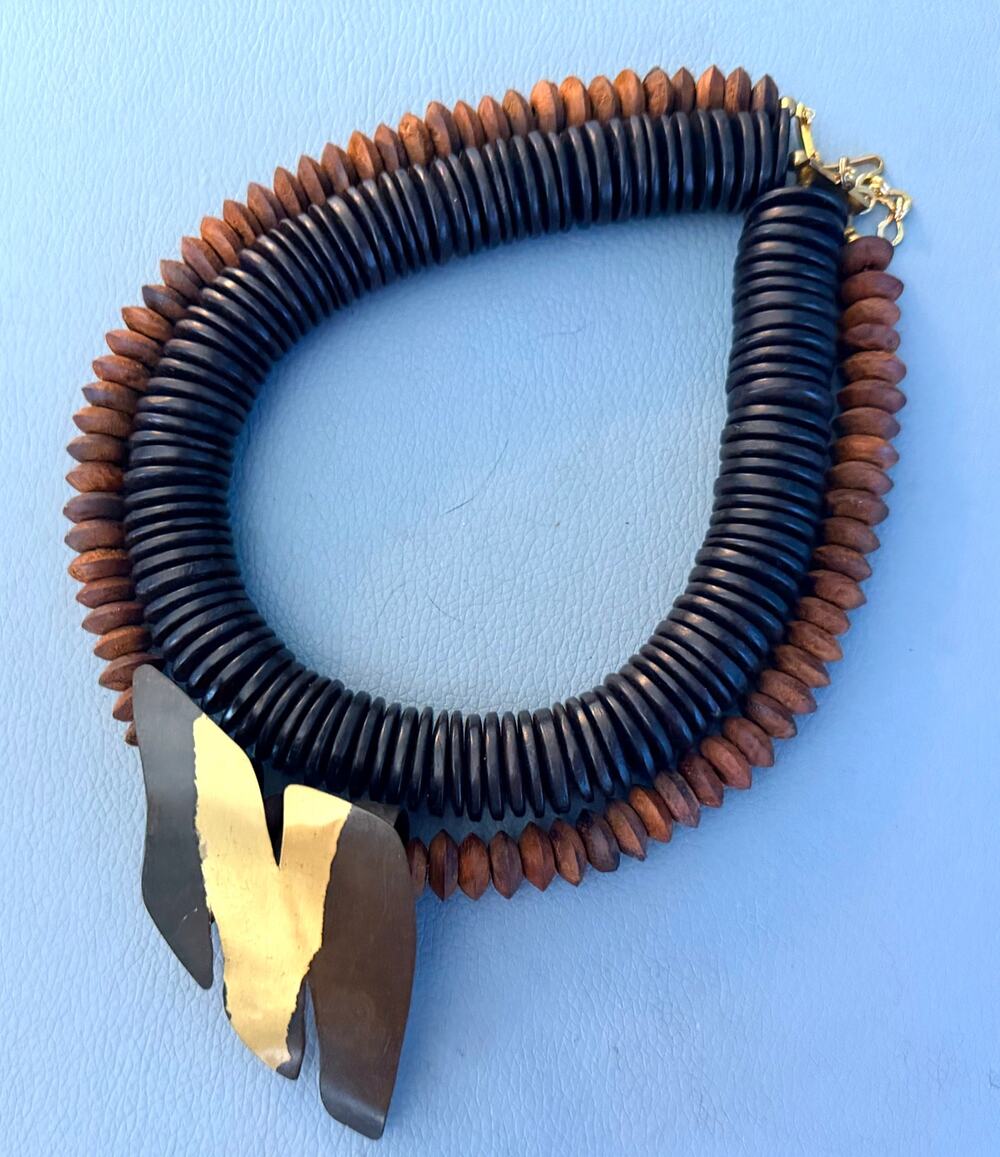 Vintage Wood Bead Statement Necklace Ebony Rondelle Copper Brass Pendant Boho